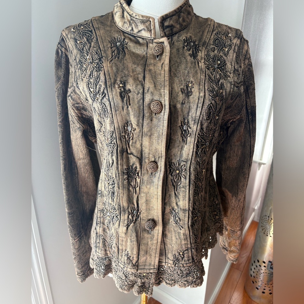 Vintage Flashback Lg Tapestry Embroidered Crocheted Beaded Boho Brown Jacket - Picture 2 of 16